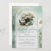 シャビーシックなヴィンテージグリーンとホワイトのウェディングティー 招待状 (正面/裏面)
