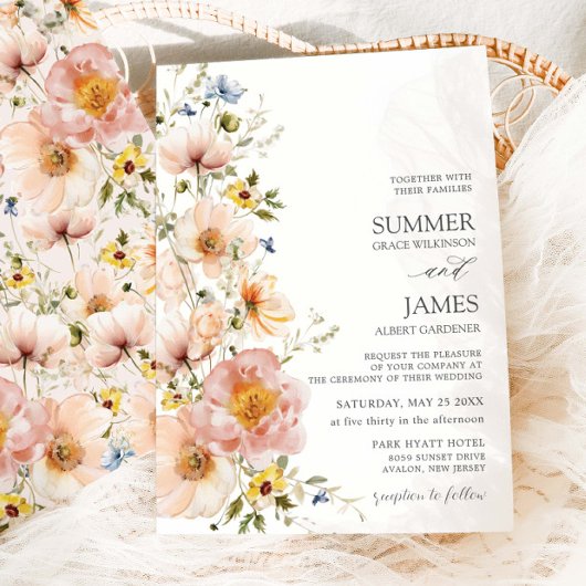 シャビーシックな優しいピンクのワイルドフラワーのウェディング 招待状