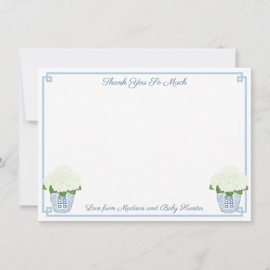 シャビーシックな白いハイドランジアの男の子のベビーシャワー サンキューカード (正面)