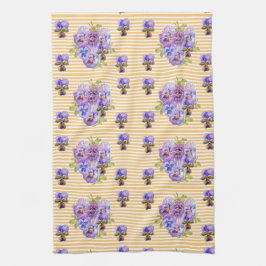 シャビーシックな黄色のストライプパンジーの花 キッチンタオル
