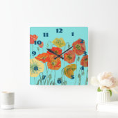 シャビーシックアクアポピーズポピーフローラルームクロック スクエア壁時計 (ホーム)