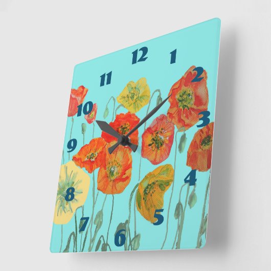 シャビーシックアクアポピーズポピーフローラルームクロック スクエア壁時計 (傾斜)