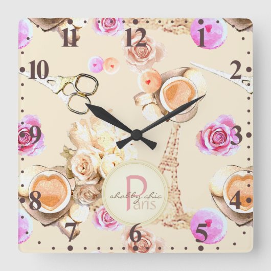シャビーシックインヴィンテージパリ スクエア壁時計 (正面)