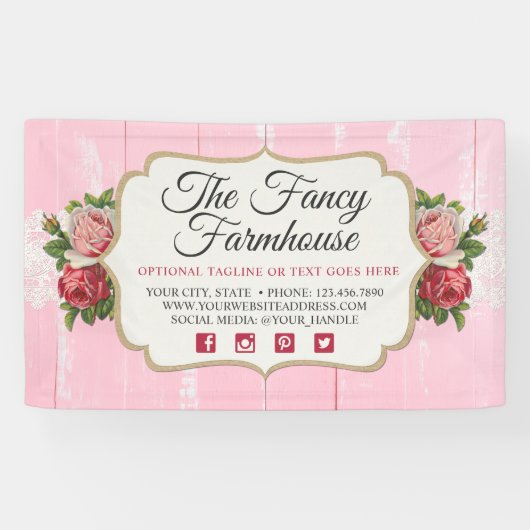 シャビーシックウッ素朴ドピンクフローラヴィンテージバラ 横断幕 (横)