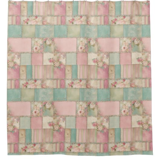 シャビーシックコテージコアステルコラージュ シャワーカーテン (正面)