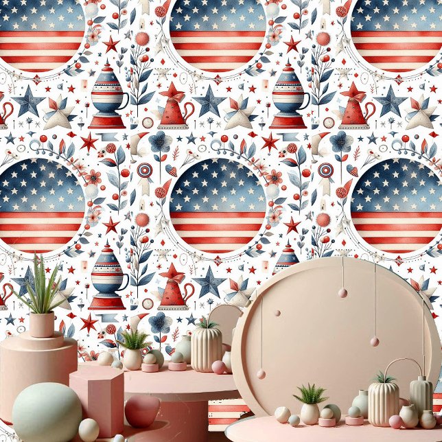 シャビーシックスターストライプズ赤と白パステル 壁紙 (Shabby Chic Star Stripes Red Blue and White Pastel Wallpaper)