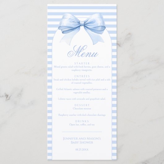 シャビーシックストライプのアーチボウ男の赤ちゃんシャワー メニュー (正面)