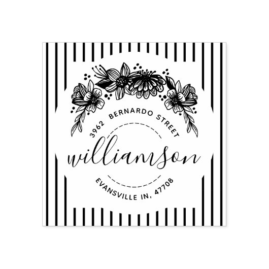 シャビーシックトレンディーフローラ&ストライプ名&アドレス ラバースタンプ (インプリント)