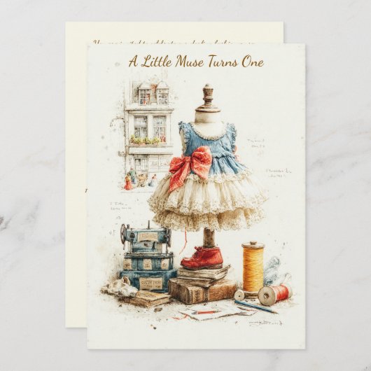 シャビーシックドレス&オートクチュールスタジオ1st誕生日 招待状 (正面/裏面)