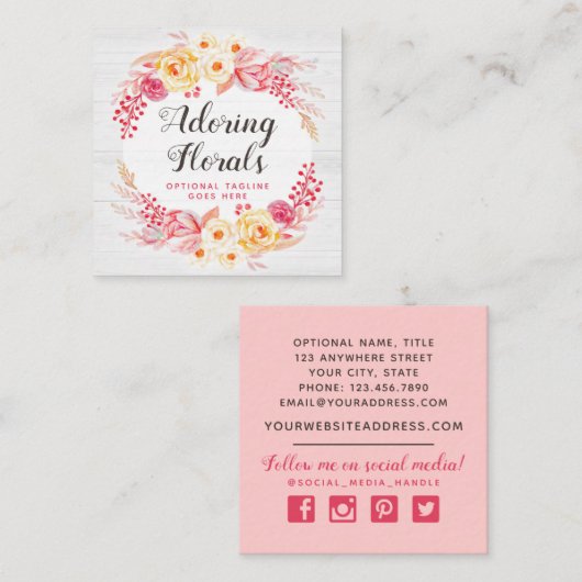 シャビーシックバラ&ウッド素朴赤面ピンクフローラ スクエア名刺 (正面/裏面)