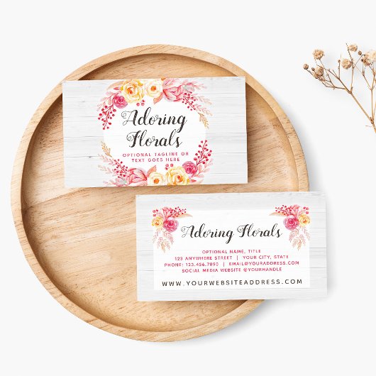 シャビーシックバラ&ウッド素朴赤面ピンクフローラ 名刺