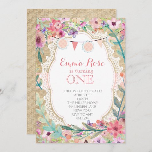 シャビーシックバーラップピンク誕生日招待状 招待状 (正面/裏面)