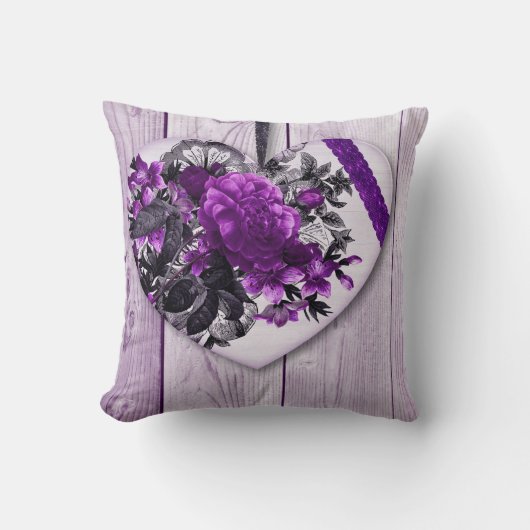 シャビーシックパープルフローラハートオン薄紫ウッド クッション (正面)