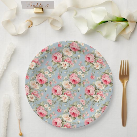 シャビーシックピンクアンドブルーコテージバラ ペーパープレート (ウェディング)