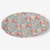 シャビーシックピンクアンドブルーコテージバラ ペーパープレート (アングル)