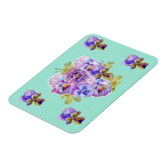 シャビーシックピンクパンシーフローラアクアストライプマグネット マグネット (左側)