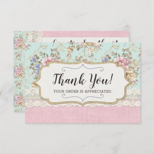シャビーシックピンクフローラブティックサンキューカード 招待状 (正面/裏面)