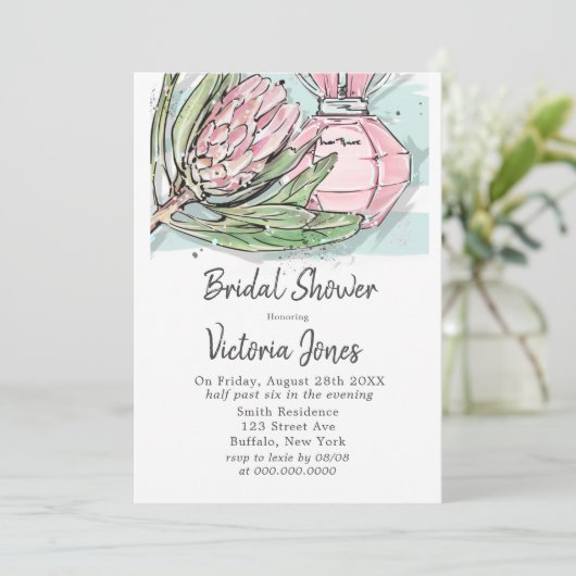 シャビーシックピンクプロテアパームブライダルシャワー 招待状 (スタンド正面)