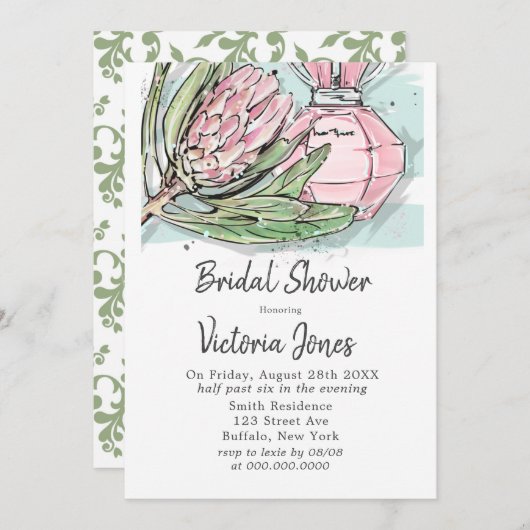 シャビーシックピンクプロテアパームブライダルシャワー 招待状 (正面/裏面)