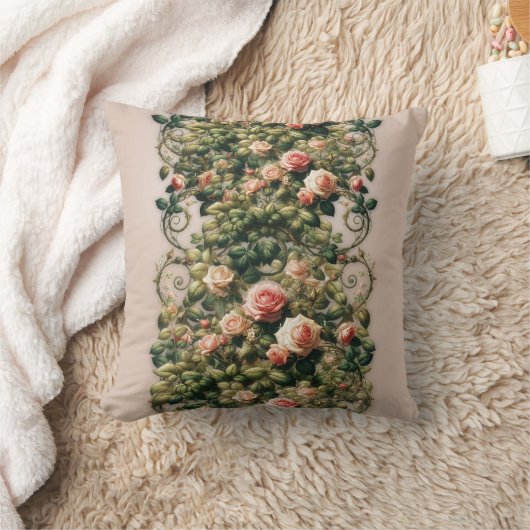シャビーシックピンクローズつる植物フローラ クッション (ブランケット)