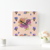 シャビーシックピンクローズバラフローラチェッククロック スクエア壁時計 (ホーム)