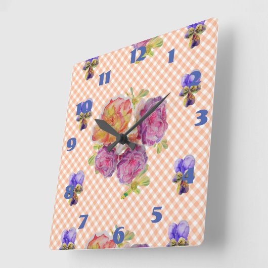 シャビーシックピンクローズバラフローラチェッククロック スクエア壁時計 (傾斜)