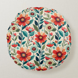 シャビーシックピーチブルーワイルドフラワーズイラストレーション ラウンドクッション