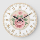 シャビーシックフランスのヴィンテージアーモンドパステルピンクローズ ラージ壁時計 (正面)