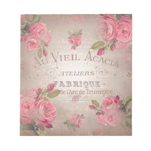 シャビーシックフランスのヴィンテージバラピンクフローラバラ ノートパッド (正面)