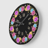 シャビーシックフランスのヴィンテージブラックカラフルバラ ラージ壁時計 (傾斜)