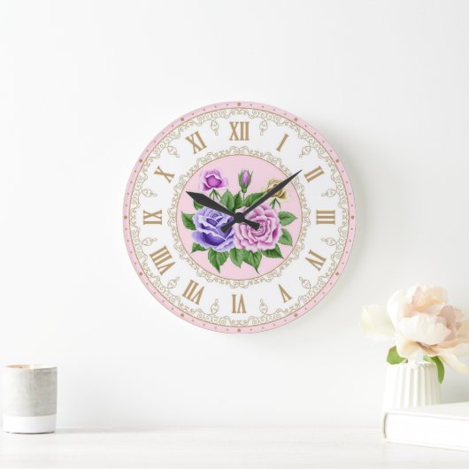 シャビーシックフランスのヴィンテージ金ゴールドパープルインディゴバラ ラージ壁時計 (ホーム)