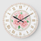 シャビーシックフランスのヴィンテージ金ゴールドパールピンクローズ ラージ壁時計 (正面)