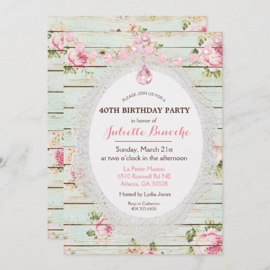 シャビーシックフローラウッド誕生日招待状 招待状 (正面/裏面)