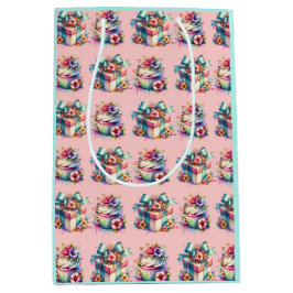 シャビーシックフローラピンクアンドブルー誕生日 ミディアムペーパーバッグ