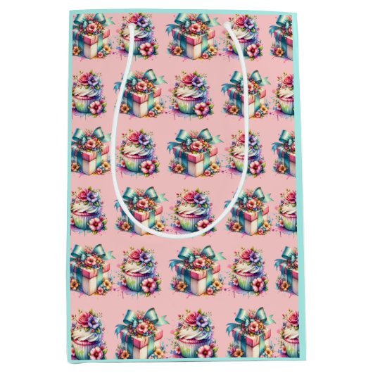 シャビーシックフローラピンクアンドブルー誕生日 ミディアムペーパーバッグ (正面)