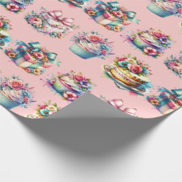 シャビーシックフローラピンクアンドブルー誕生日 ラッピングペーパー