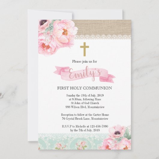 シャビーシックフローラファーストホリーコミュニオン招待状 招待状 (正面)