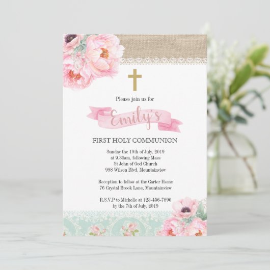 シャビーシックフローラファーストホリーコミュニオン招待状 招待状 (スタンド正面)