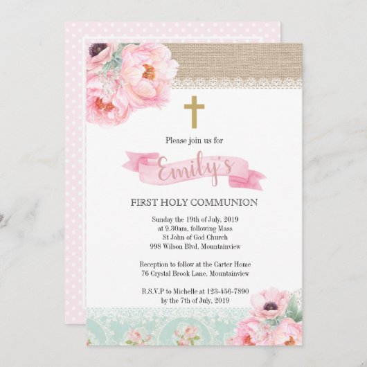 シャビーシックフローラファーストホリーコミュニオン招待状 招待状 (正面/裏面)