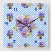 シャビーシックブルーパンシーパンジーフローラチェック時計 スクエア壁時計 (正面)