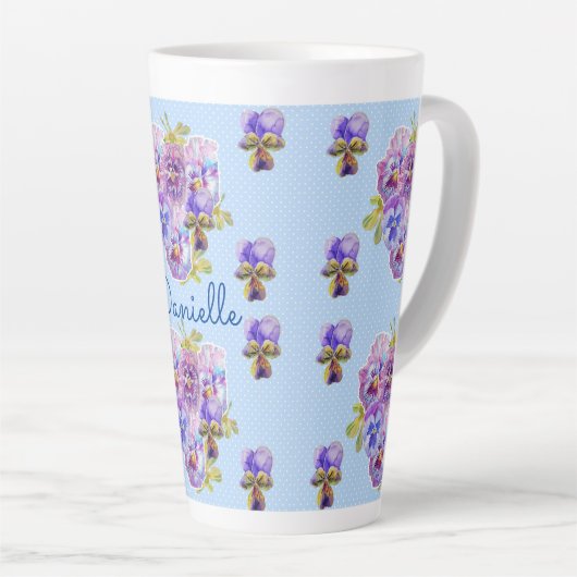 シャビーシックブルーパンシーフローラ水玉模様マグ カフェラテマグ (右アングル)