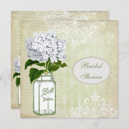 シャビーシックメイソンジャー&ハイドランジアブライダルシャワー 招待状 (正面/裏面)