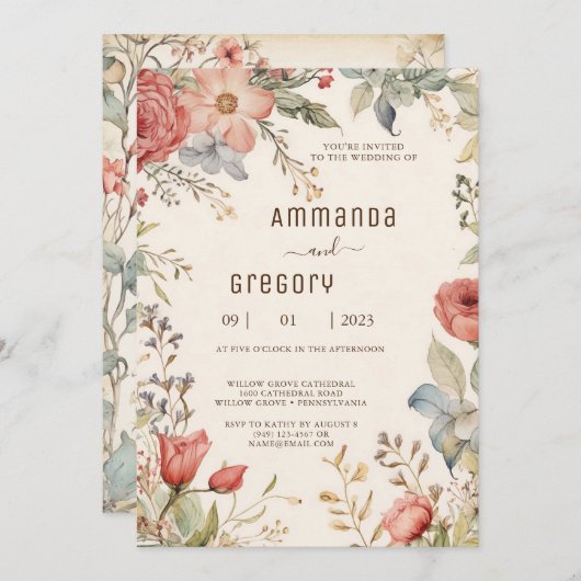 シャビーシックワイルドフラワー結婚式招待状 招待状 (正面/裏面)