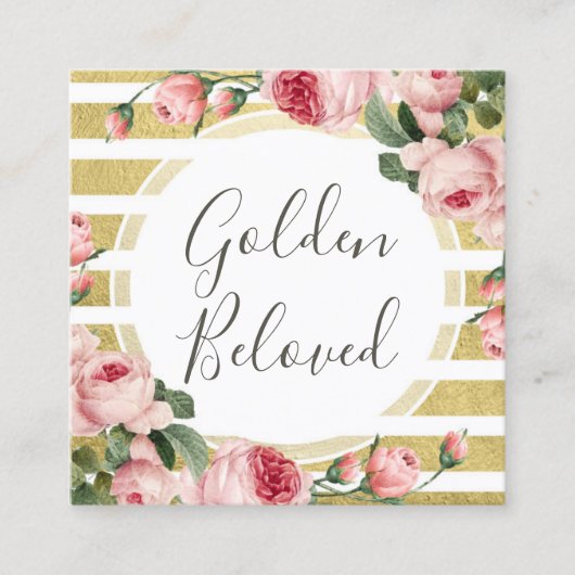 シャビーシックヴィンテージバラ金ゴールドストライプソーシャルメディア スクエア名刺 (正面)