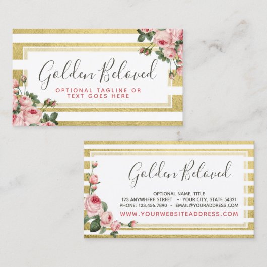 シャビーシックヴィンテージバラ&モダン金ゴールドストライプ 名刺 (正面/裏面)