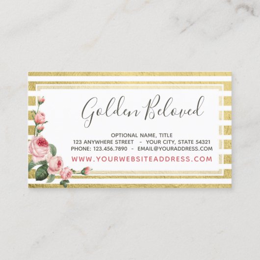 シャビーシックヴィンテージバラ&モダン金ゴールドストライプ 名刺 (裏面)