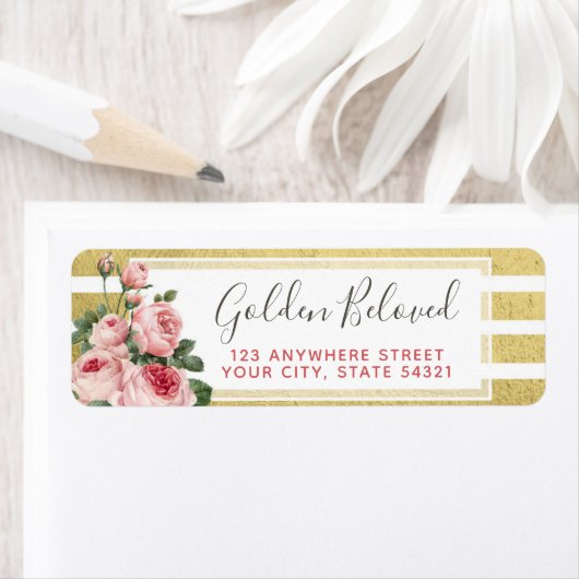 シャビーシックヴィンテージバラ&金ゴールド差出人住所 ラベル (インサイチュ)