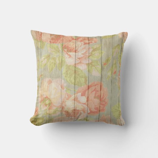 シャビーシックヴィンテージパステルピンクローズ&ペオニー クッション (正面)