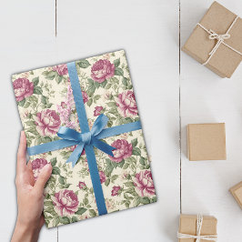 シャビーシックヴィンテージピンクピーニーフローラデザイン ラッピングペーパー