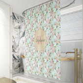 シャビーシックヴィンテージピンクフローラモノグラムアクア シャワーカーテン